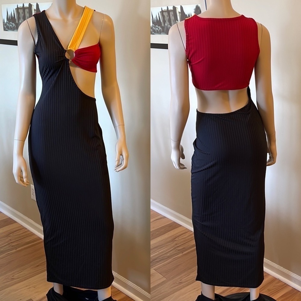Color Block Fitted Trendy Ribbed Cutout Dress D/4/A1434